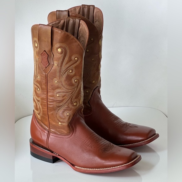 Ferrini Square Toe Cowboy Boots Men’s Size 10 Cowhide Leather Brown Embroidered - Picture 2 of 15